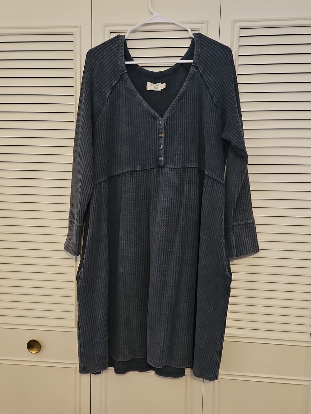 Terra Sky Charcoal Blue Ribbed Long-Sleeve Button Dress 1x